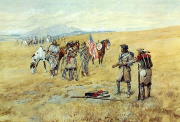 Indios americanos Painting - El capitán Lewis se reunió con los shoshones 1903 Charles Marion Russell Indios Americanos